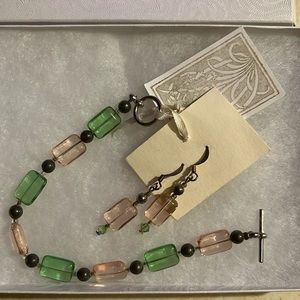 Czech Art Glass Bracelet and Earring Set Handcrafted Pink Green